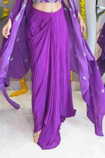 Surkh Syahi_Purple Crepe Sweetheart Neck Draped Skirt Cape Set _Online_at_Aza_Fashions
