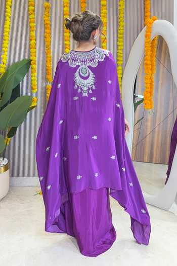 Shop_Surkh Syahi_Purple Crepe Sweetheart Neck Draped Skirt Cape Set _at_Aza_Fashions