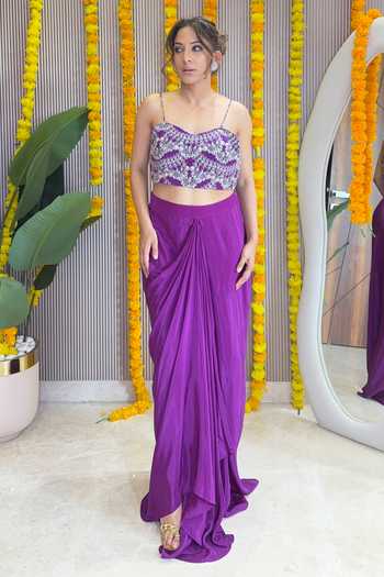 Buy_Surkh Syahi_Purple Crepe Sweetheart Neck Draped Skirt Cape Set _Online_at_Aza_Fashions