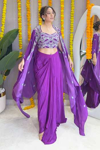 Shop_Surkh Syahi_Purple Crepe Sweetheart Neck Draped Skirt Cape Set _Online_at_Aza_Fashions