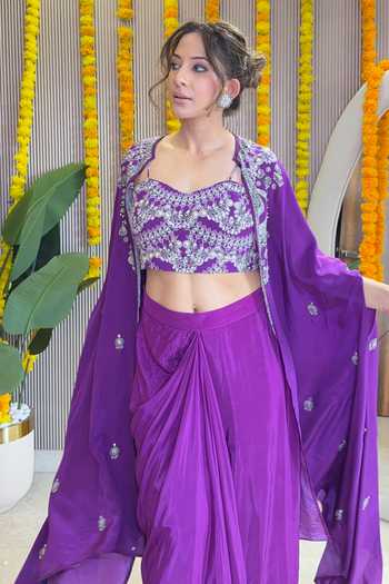 Surkh Syahi_Purple Crepe Sweetheart Neck Draped Skirt Cape Set _at_Aza_Fashions