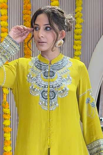 Buy_Surkh Syahi_Yellow Crepe Sequins Mandarin Collar Contrast Yoke Straight Kurta And Palazzo Set _Online_at_Aza_Fashions