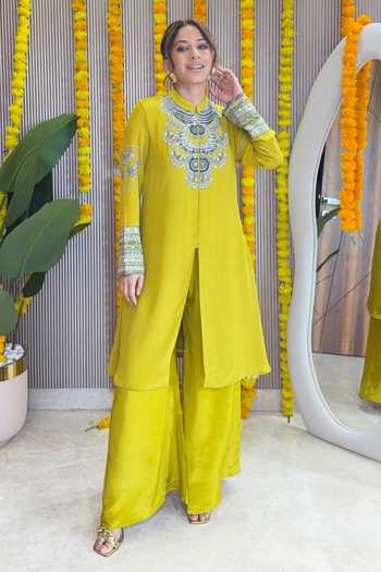 Shop_Surkh Syahi_Yellow Crepe Sequins Mandarin Collar Contrast Yoke Straight Kurta And Palazzo Set _Online_at_Aza_Fashions