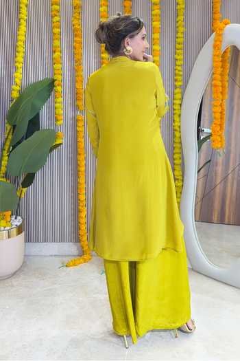 Shop_Surkh Syahi_Yellow Crepe Sequins Mandarin Collar Contrast Yoke Straight Kurta And Palazzo Set _at_Aza_Fashions