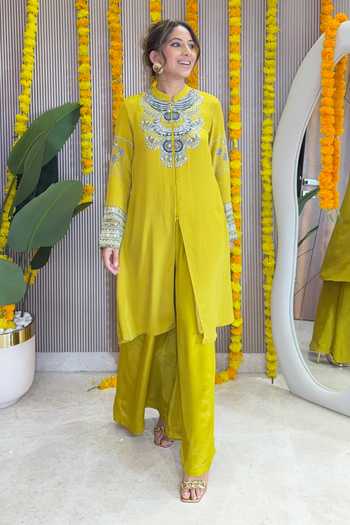 Surkh Syahi_Yellow Crepe Sequins Mandarin Collar Contrast Yoke Straight Kurta And Palazzo Set _at_Aza_Fashions