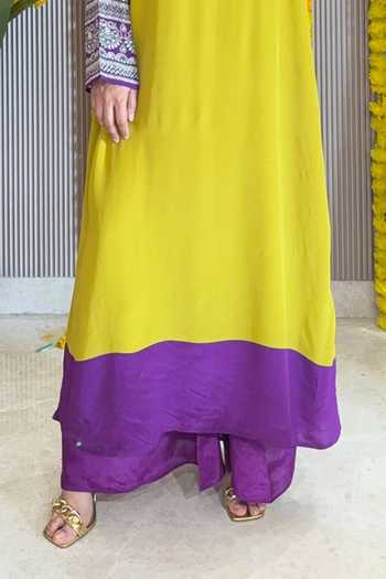 Surkh Syahi_Yellow Crepe Mirrors V-neck Contrast Yoke Kurta And Pant Set _Online_at_Aza_Fashions