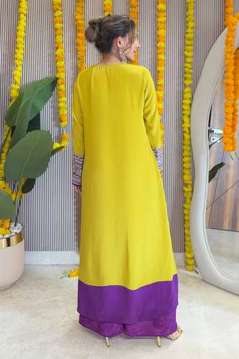 Shop_Surkh Syahi_Yellow Crepe Mirrors V-neck Contrast Yoke Kurta And Pant Set _at_Aza_Fashions