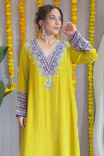 Buy_Surkh Syahi_Yellow Crepe Mirrors V-neck Contrast Yoke Kurta And Pant Set _Online_at_Aza_Fashions