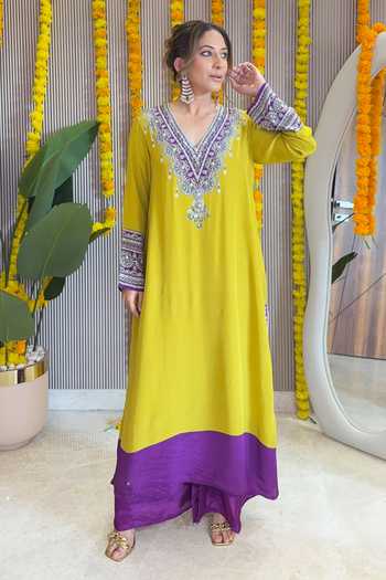 Shop_Surkh Syahi_Yellow Crepe Mirrors V-neck Contrast Yoke Kurta And Pant Set _Online_at_Aza_Fashions