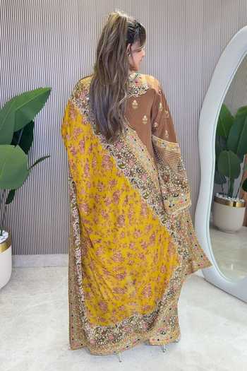 Shop_Surkh Syahi_Gold Crepe Stones V-neck Ornate Pattern Kurta Salwar Set _at_Aza_Fashions