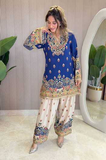 Surkh Syahi_Blue Crepe Zari, Stones V-neck Embellished Kurta Salwar Set _Online_at_Aza_Fashions