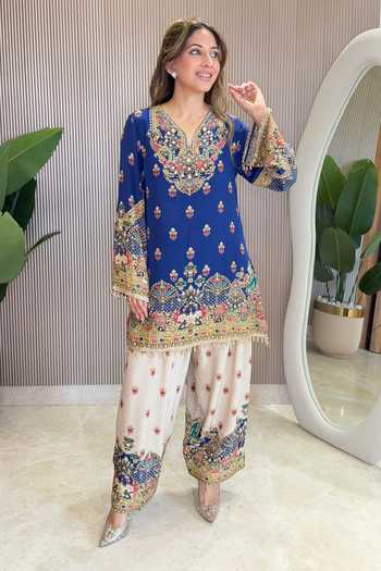 Buy_Surkh Syahi_Blue Crepe Zari, Stones V-neck Embellished Kurta Salwar Set _Online_at_Aza_Fashions