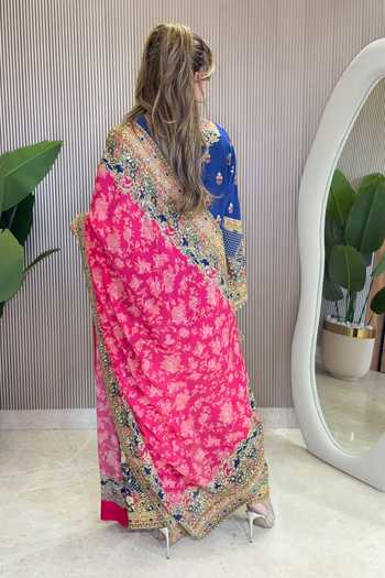 Shop_Surkh Syahi_Blue Crepe Zari, Stones V-neck Embellished Kurta Salwar Set _at_Aza_Fashions