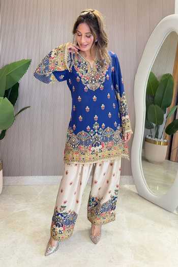 Shop_Surkh Syahi_Blue Crepe Zari, Stones V-neck Embellished Kurta Salwar Set _Online_at_Aza_Fashions