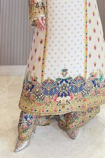 Surkh Syahi_Blue Crepe Zari, Stones, Mirrors Round Neck Kurta Palazzo Set _Online_at_Aza_Fashions