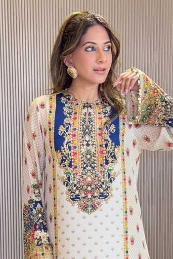 Buy_Surkh Syahi_Blue Crepe Zari, Stones, Mirrors Round Neck Kurta Palazzo Set _Online_at_Aza_Fashions