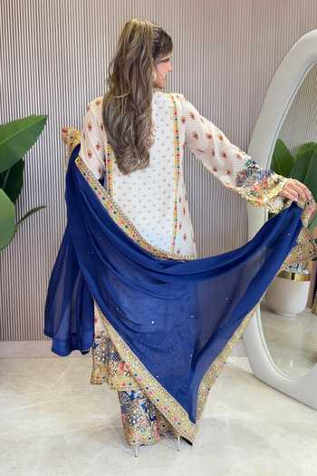 Shop_Surkh Syahi_Blue Crepe Zari, Stones, Mirrors Round Neck Kurta Palazzo Set _at_Aza_Fashions