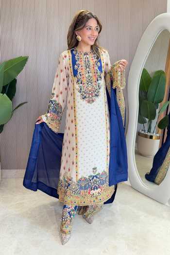 Shop_Surkh Syahi_Blue Crepe Zari, Stones, Mirrors Round Neck Kurta Palazzo Set _Online_at_Aza_Fashions