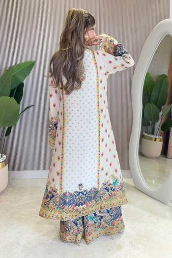 Surkh Syahi_Blue Crepe Zari, Stones, Mirrors Round Neck Kurta Palazzo Set _at_Aza_Fashions