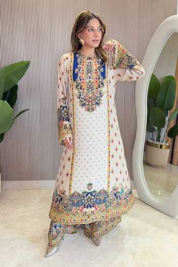 Buy_Surkh Syahi_Blue Crepe Zari, Stones, Mirrors Round Neck Kurta Palazzo Set 