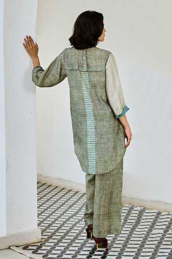 Shop_Basil Leaf_Blue Linen Embroidery, Tassels Printed Kurta And Pant Set _at_Aza_Fashions