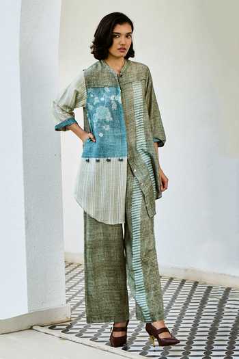 Buy_Basil Leaf_Blue Linen Embroidery, Tassels Printed Kurta And Pant Set _at_Aza_Fashions