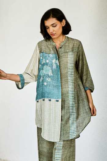 Basil Leaf_Blue Linen Embroidery, Tassels Printed Kurta And Pant Set _Online_at_Aza_Fashions