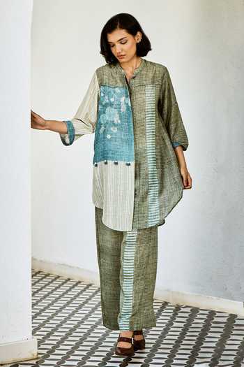Shop_Basil Leaf_Blue Linen Embroidery, Tassels Printed Kurta And Pant Set _Online_at_Aza_Fashions