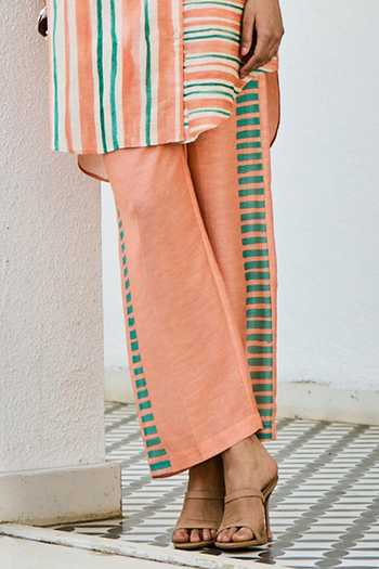Basil Leaf_Peach Silk, Linen Round Neck Print Kurta And Pant Set _Online_at_Aza_Fashions