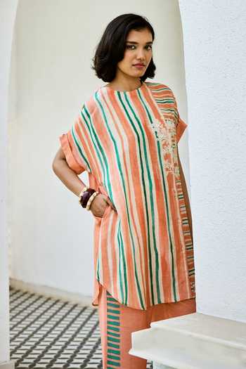 Buy_Basil Leaf_Peach Silk, Linen Round Neck Print Kurta And Pant Set _Online_at_Aza_Fashions
