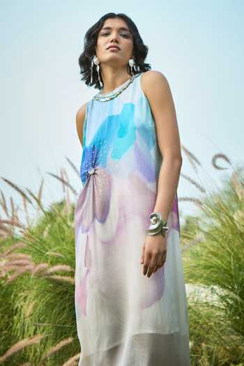 Basil Leaf_Off White Chiffon, Crepe Beads, Pearls Round Neck Abstract Pattern Dress _Online_at_Aza_Fashions