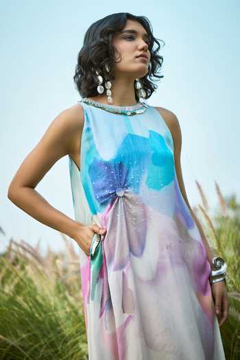 Buy_Basil Leaf_Off White Chiffon, Crepe Beads, Pearls Round Neck Abstract Pattern Dress _Online_at_Aza_Fashions
