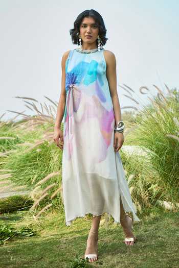Buy_Basil Leaf_Off White Chiffon, Crepe Beads, Pearls Round Neck Abstract Pattern Dress _at_Aza_Fashions