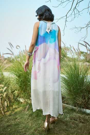 Shop_Basil Leaf_Off White Chiffon, Crepe Beads, Pearls Round Neck Abstract Pattern Dress _at_Aza_Fashions