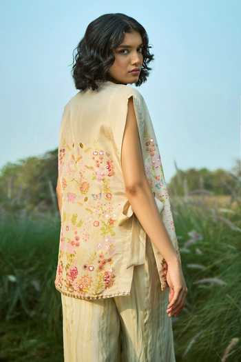 Shop_Basil Leaf_Off White Tissue Embroidery, Sequins, Applique Open Neck, Jacket Pant Set _at_Aza_Fashions