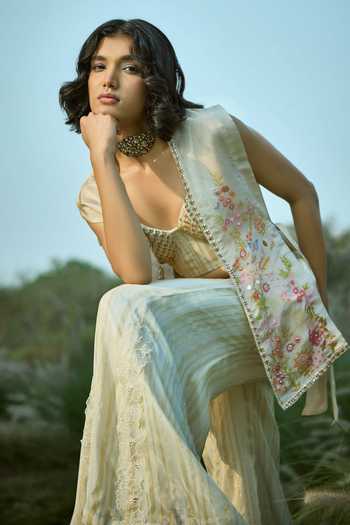 Basil Leaf_Off White Tissue Embroidery, Sequins, Applique Open Neck, Jacket Pant Set _Online_at_Aza_Fashions