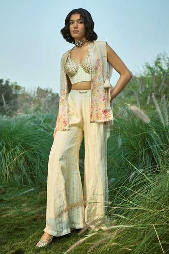 Buy_Basil Leaf_Off White Tissue Embroidery, Sequins, Applique Open Neck, Jacket Pant Set _at_Aza_Fashions
