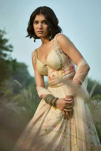 Basil Leaf_Off White Tissue, Net Sequins, Embroidery Sweetheart Floral Pattern Lehenga Set _Online_at_Aza_Fashions