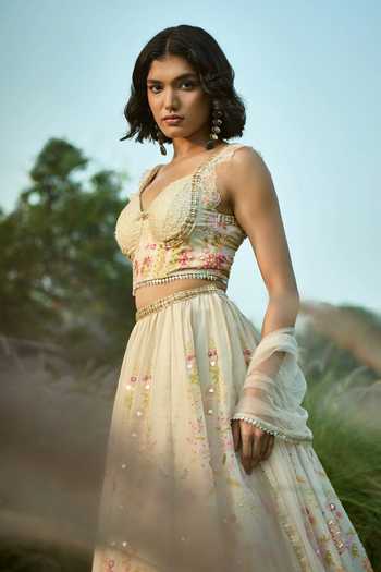 Buy_Basil Leaf_Off White Tissue, Net Sequins, Embroidery Sweetheart Floral Pattern Lehenga Set _Online_at_Aza_Fashions