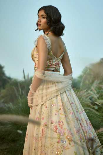 Shop_Basil Leaf_Off White Tissue, Net Sequins, Embroidery Sweetheart Floral Pattern Lehenga Set _at_Aza_Fashions