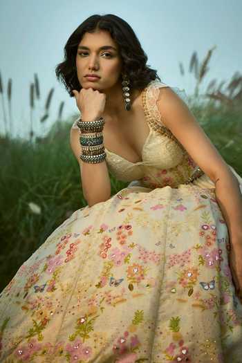 Shop_Basil Leaf_Off White Tissue, Net Sequins, Embroidery Sweetheart Floral Pattern Lehenga Set _Online_at_Aza_Fashions