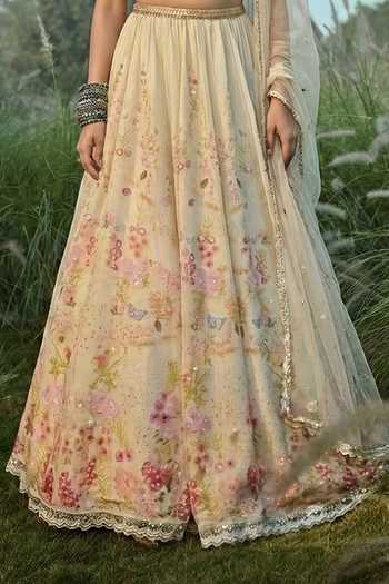 Basil Leaf_Off White Tissue, Net Sequins, Embroidery Sweetheart Floral Pattern Lehenga Set _at_Aza_Fashions