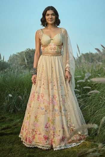 Buy_Basil Leaf_Off White Tissue, Net Sequins, Embroidery Sweetheart Floral Pattern Lehenga Set _at_Aza_Fashions