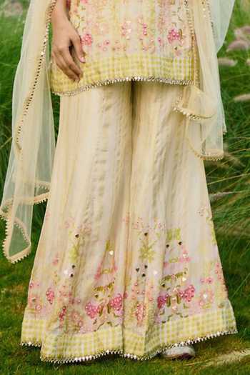 Basil Leaf_Off White Net Embroidery, Sequins High Neck, Yes Floral Print Kurta Sharara Set _Online_at_Aza_Fashions