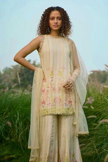 Buy_Basil Leaf_Off White Net Embroidery, Sequins High Neck, Yes Floral Print Kurta Sharara Set _Online_at_Aza_Fashions