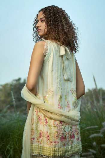 Shop_Basil Leaf_Off White Net Embroidery, Sequins High Neck, Yes Floral Print Kurta Sharara Set _at_Aza_Fashions