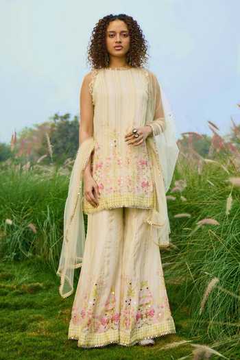 Buy_Basil Leaf_Off White Net Embroidery, Sequins High Neck, Yes Floral Print Kurta Sharara Set _at_Aza_Fashions