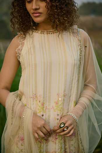 Shop_Basil Leaf_Off White Net Embroidery, Sequins High Neck, Yes Floral Print Kurta Sharara Set _Online_at_Aza_Fashions
