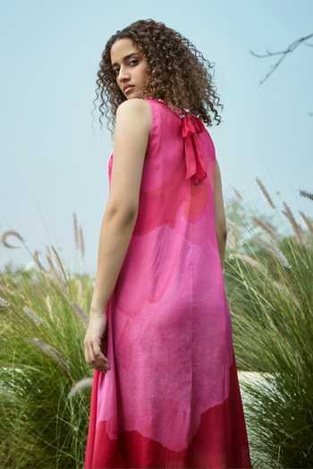 Shop_Basil Leaf_Pink Chiffon, Crepe Beads High Neck Abstract Print Dress _at_Aza_Fashions