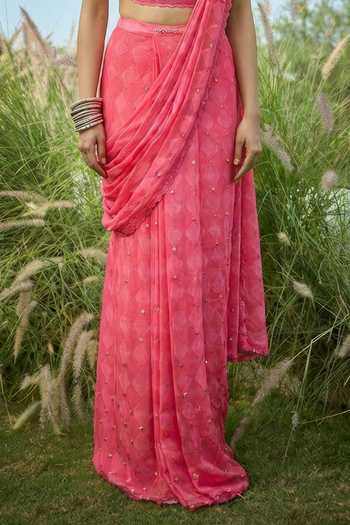 Basil Leaf_Pink Chiffon Mirrors, Embroidery, Sequins Pre-draped Saree With Blouse _Online_at_Aza_Fashions